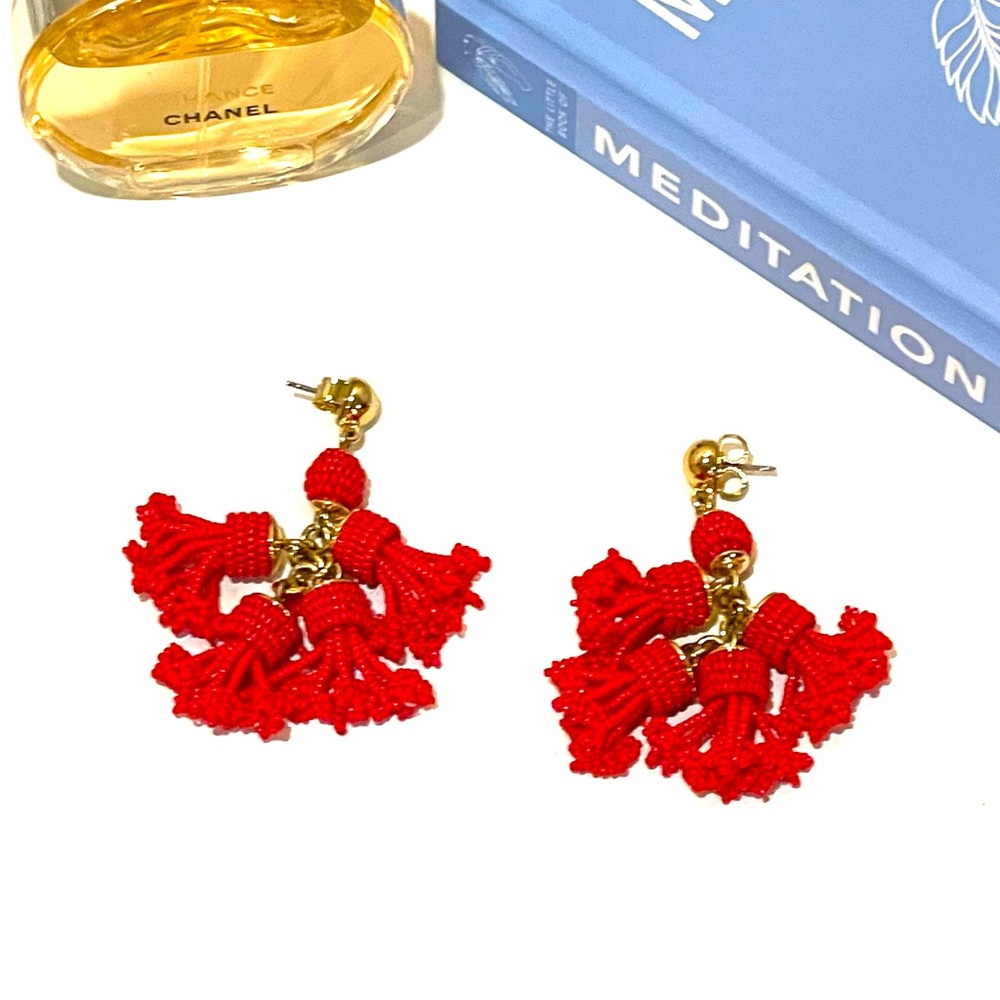 J.Crew Beaded Tassel Earrings in Red and Gold Tone